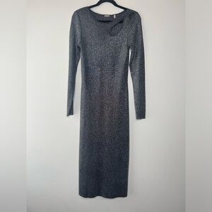 Elie Tahari Bodycon Metallic Silver Maxi Dress sz L Stretchy Fitted Long sleeve